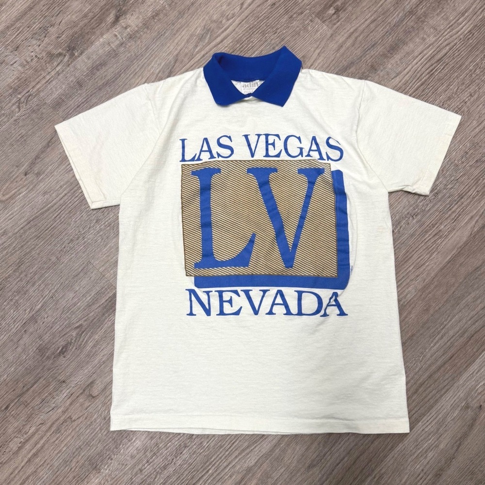 Vintage Adin of California Las Vegas Nevada Polo Shirt Mens Large Cream Blue USA